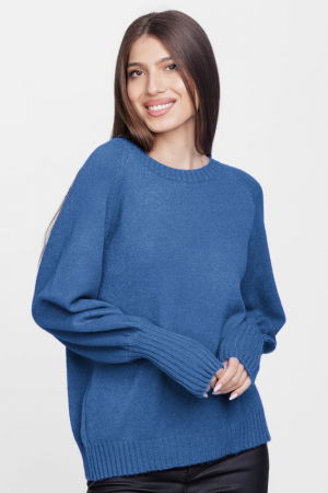 Pulovere - Pulover cu maneci bufante din vascoza si lana, albastru