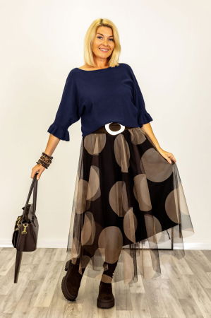 NOUTATI - Pulover cu maneci scurte si volane la mansete din vascoza, bleumarin