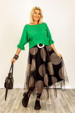 NOUTATI - Pulover cu maneci scurte si volane la mansete din vascoza, verde