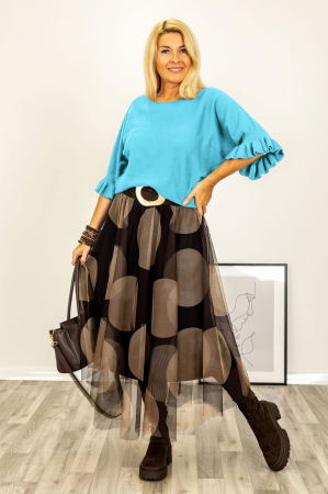 Pulover cu maneci scurte si volane la mansete din vascoza, albastru azur [1]