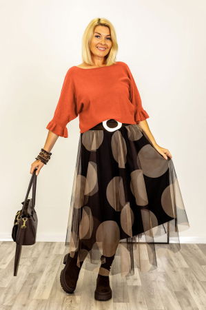 ÎMBRĂCĂMINTE - Pulover cu maneci scurte si volane la mansete din vascoza, caramiziu