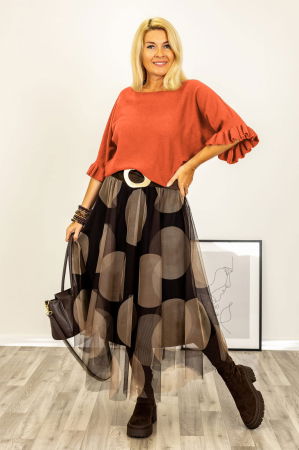 Pulover cu maneci scurte si volane la mansete din vascoza, caramiziu [1]