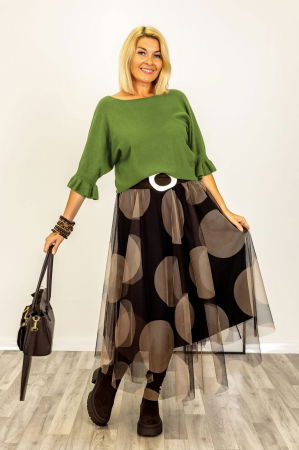 NOUTATI - Pulover cu maneci scurte si volane la mansete din vascoza, verde olive