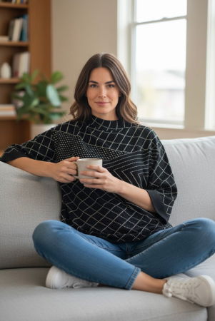 Pulovere - Pulover cu jocuri de linii albe  pe fond negru