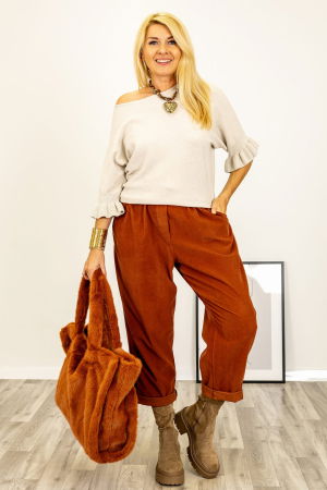 Pulover cu maneci scurte si volane la mansete din vascoza, bej [1]