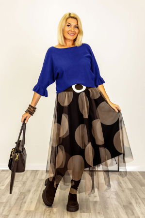 Pulovere - Pulover cu maneci scurte si volane la mansete din vascoza, albastru electric