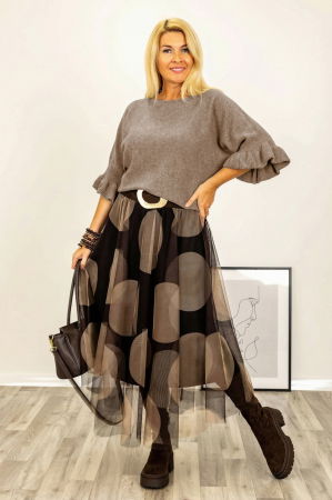 Pulover cu maneci scurte si volane la mansete din vascoza, bej inchis [1]