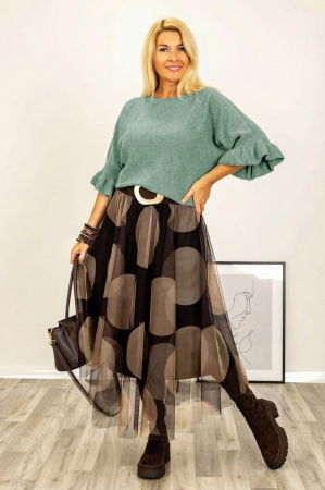 Pulover cu maneci scurte si volane la mansete din vascoza, verde melanj [1]