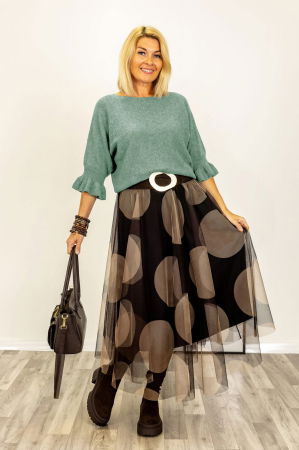 Imbracaminte noutati - Pulover cu maneci scurte si volane la mansete din vascoza, verde melanj