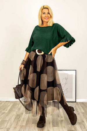 Pulover cu maneci scurte si volane la mansete din vascoza, verde inchis [1]