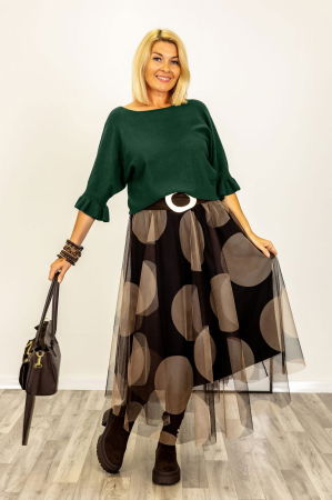 Pulovere și Cardigane de Damă - Pulover cu maneci scurte si volane la mansete din vascoza, verde inchis