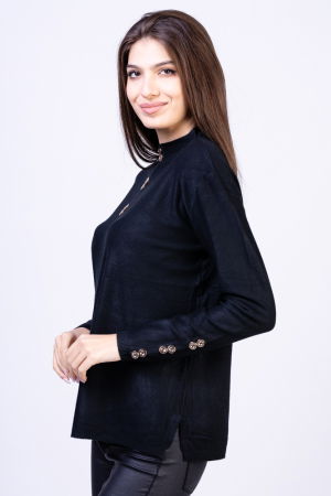 Pulover cu nasturei aurii pe decolteu si la maneci, negru [1]