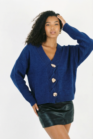 Pulovere - Pulover cu nasturi decorativi impletitura decorativa pe piept si decolteu in V, albastru electric