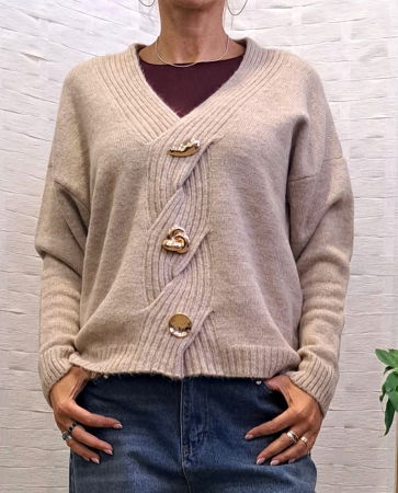Pulovere - Pulover cu nasturi decorativi impletitura decorativa pe piept si decolteu in V, bej