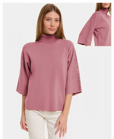 Pulovere - Pulover cu pietricele argintii, cu guler inalt si maneca 3/4, din tricotaj fin, roz inchis