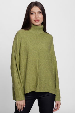 Pulovere - Pulover drept, cu guler inalt, din vascoza si lana, verde