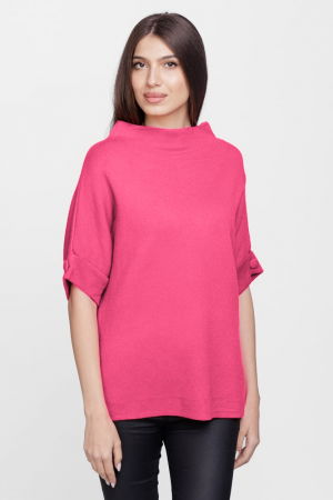 Pulovere - Pulover elegant cu maneca scurta si nasture, din vascoza, fucsia