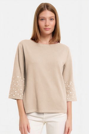 Pulovere - Pulover maneca 3/4 cu aplicatii manuale din paiete si margelute, din tricotaj fin, bej