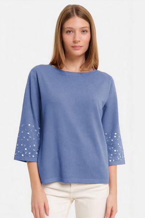 Pulovere - Pulover maneca 3/4 cu aplicatii manuale din paiete si margelute, din tricotaj fin, bleu