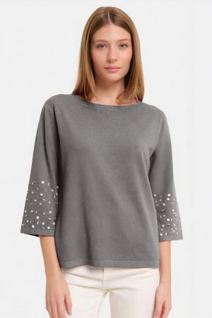 Pulovere - Pulover maneca 3/4 cu aplicatii manuale din paiete si margelute, din tricotaj fin, gri