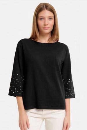 Pulovere - Pulover maneca 3/4 cu aplicatii manuale din paiete si margelute, din tricotaj fin, negru