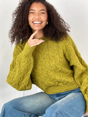 Pulovere - Pulover scurt cu model in opturi, la baza gatului, verde