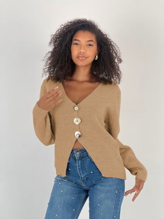 Pulover camel moale si fin cu trei nasturi mari aurii, oversize [1]