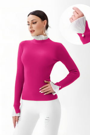 Pulovere - Pulover mov zmeura cu volanas plisat la maneca si la gat