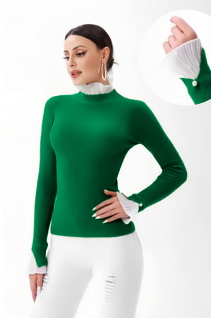 Pulovere - Pulover verde cu volanas plisat la maneca si la gat