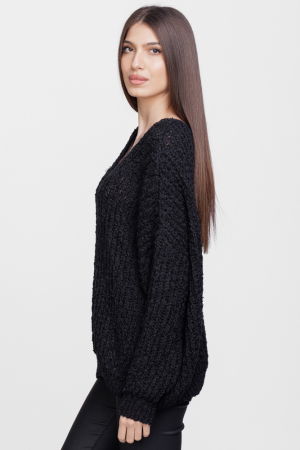 ÎMBRĂCĂMINTE - Pulover oversize, cu ochiuri mari si decolteu in V, negru
