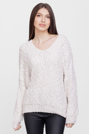Pulover oversize, cu ochiuri mari si decolteu in V, ivoire [1]