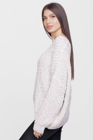 Pulovere - Pulover oversize, cu ochiuri mari si decolteu in V, ivoire