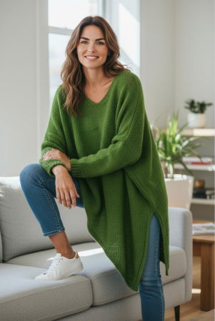 Pulovere - Pulover pufos verde , oversize cu colt si decolteu in V