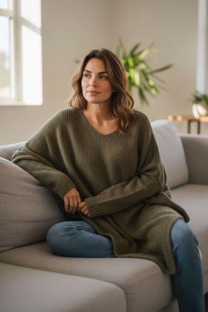 Pulover pufos kaki , oversize cu colt si decolteu in V [1]