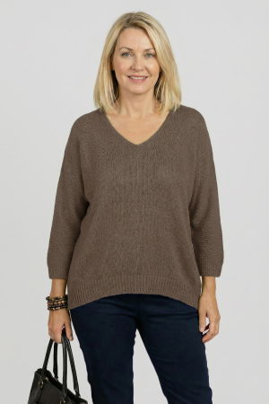 ÎMBRĂCĂMINTE - Pulover pufos fango cu decolteu in V si maneca fluture