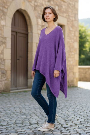 ÎMBRĂCĂMINTE - Pulover pufos mov, oversize cu colt si decolteu in V