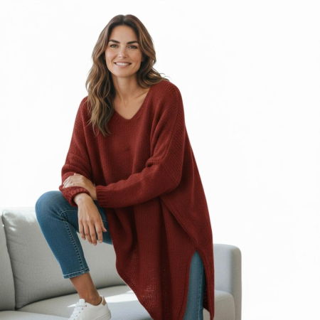 NOUTATI - Pulover pufos caramiziu, oversize cu colt si decolteu in V