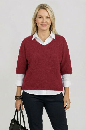 Pulover pufos cu alpaca, oversize cu maneca fluture, bordo [2]