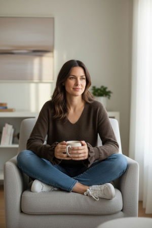 Pulovere - Pulover pufos cu alpaca, volane la maneci si decolteu in V – model casual chic, maro