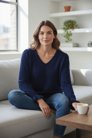 Pulovere - Pulover pufos cu alpaca, volane la maneci si decolteu in V – model casual chic, bleumarin