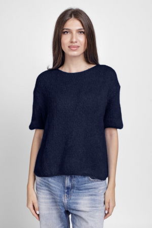 Pulovere - Pulover pufos cu maneca scurta, cu mohair si lana, bleumarin