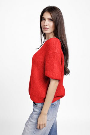 Pulover pufos cu maneca scurta, cu mohair si lana, rosu [1]