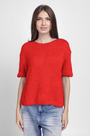 Pulovere - Pulover pufos cu maneca scurta, cu mohair si lana, rosu