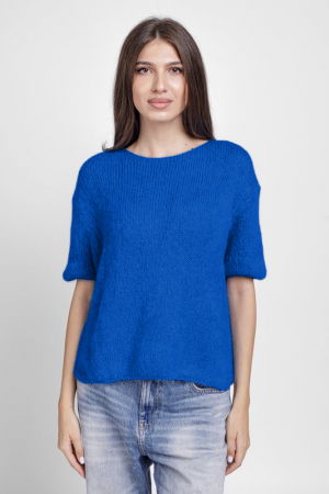 ÎMBRĂCĂMINTE - Pulover pufos cu maneca scurta, cu mohair si lana, albastru electric