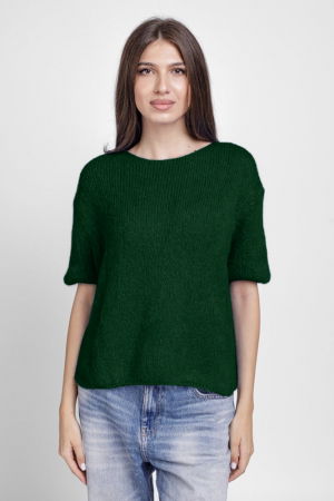 ÎMBRĂCĂMINTE - Pulover pufos cu maneca scurta, cu mohair si lana, verde inchis