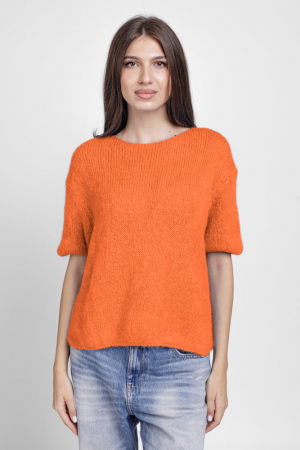 Pulovere - Pulover pufos cu maneca scurta, cu mohair si lana, portocaliu