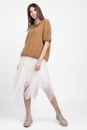 Pulover pufos cu maneca scurta, cu mohair si lana, camel [2]