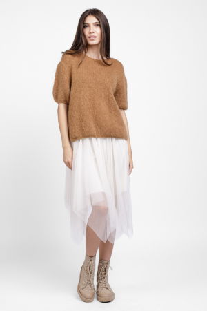 Pulovere - Pulover pufos cu maneca scurta, cu mohair si lana, camel