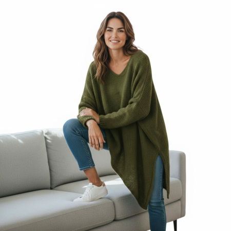 Pulovere - Pulover pufos kaki , oversize cu colt si decolteu in V