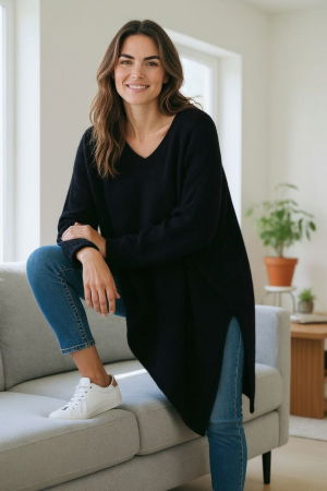 Imbracaminte noutati - Pulover pufos negru, oversize cu colt si decolteu in V